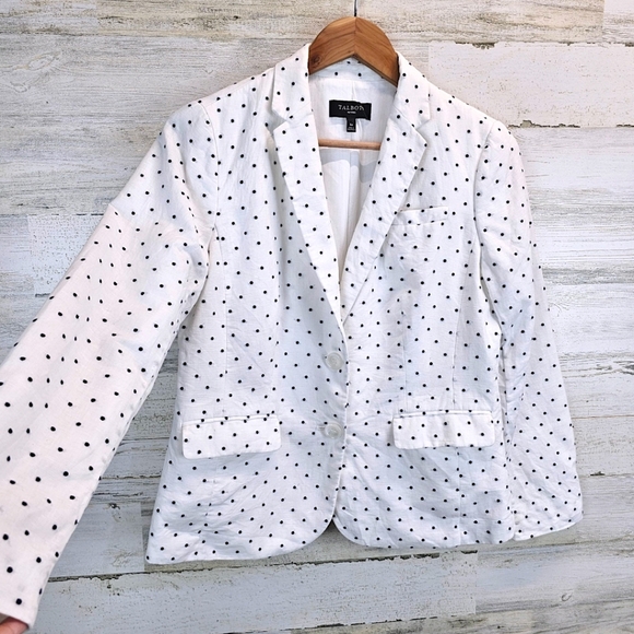 Talbots Linen & Cotton Polka Dot Blazer 6P White Navy Preppy Light Academia Chic - Picture 5 of 16
